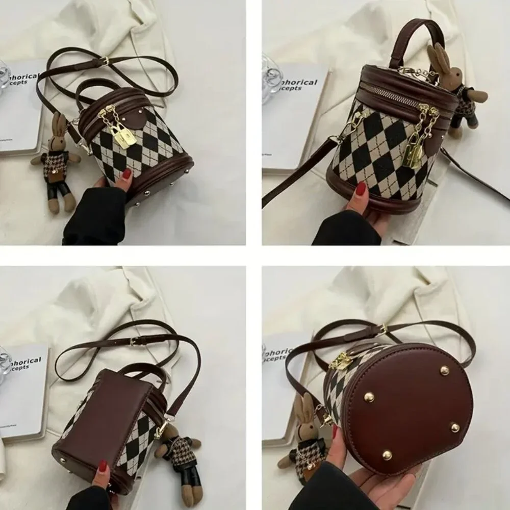 Argyle checkered bucket crossbody bag with brown trim and bunny charm ๐ - Picture 11 of 12